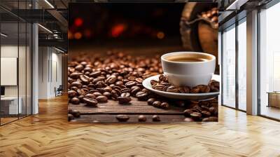 Antique espresso coffee cup filled with aromatic freshly roasted beans on vintage wooden table Wall mural