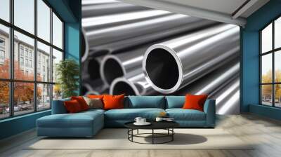 Background of stacked stainless steel pipes, metallurgical industry concept image for backdrop Wall mural