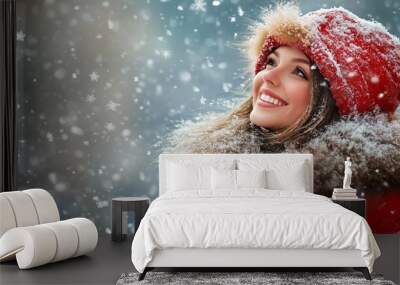 Beautiful Woman in Red Enjoys the Magic of Winter Snowfall, Winter Wonderland Portrait Wall mural