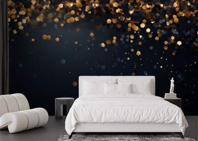 Black and gold particle abstract background with golden light shine particles on navy blue. Wall mural