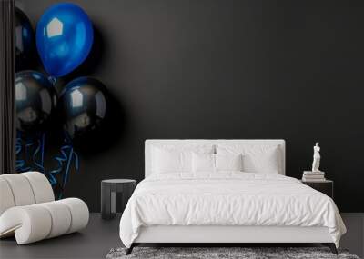 Black friday ad with blue and black balloons on black background, text space, shopping concept. Wall mural