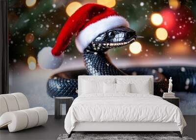 Black Snake with Red Santa Hat for Christmas, Festive Bokeh background, Cute Holiday Pet Wall mural