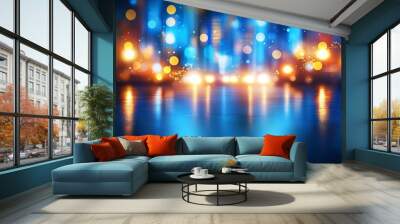 Bokeh Lights Background With Empty Stage, Reflections, City Night, Lights Reflection. 3D rendering Wall mural