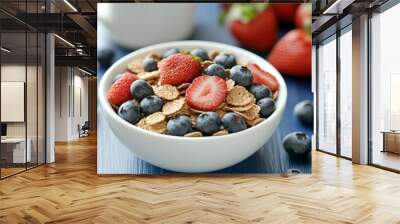 Bowl Of Whole Grain Cereal Topped With Fresh Blueberries And Strawberries On Blue Table Wall mural