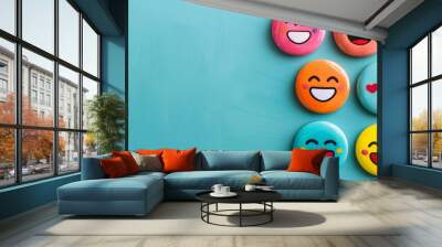 Bright and joyful emoticons on a dynamic social media and communication themed background Wall mural