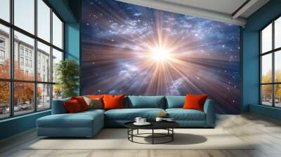 Bright epiphany star shining in night sky, adoration of baby jesus, copy space, blurred background Wall mural