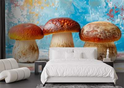 Bright nameko mushroom, known as pholiota nameko, displayed on a serene pastel colored background Wall mural