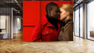 Bright studio shot  two women kissing with copy space for advertising text on left side Wall mural