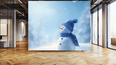 Cheerful snowman in winter holiday christmas banner with copy space on snowy background Wall mural