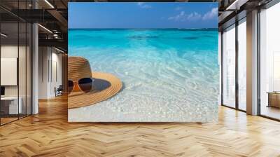 Chic sun hat and sunglasses on tropical beach, evoking relaxation and summer fun Wall mural