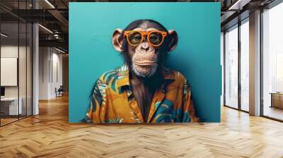 Chimpanzee in trendy hawaiian shirt and orange sunglasses for a fashionable look Wall mural