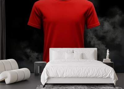 Classic Red T-Shirt Mockup on Dark Background with Smoke, Perfect for Clothing Design Presentations Wall mural