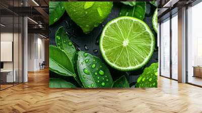 Close up of fresh limes covered in water, top view of vibrant healthy vegetables on food background Wall mural