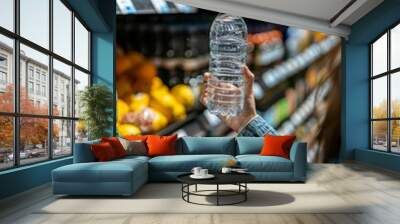 Close up of woman s hand carefully choosing plastic water bottle from supermarket shelf Wall mural