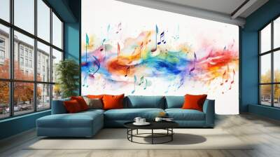 Colorful abstract music background with neural network flying musical notes on white backdrop Wall mural