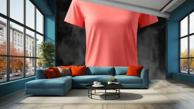 Coral Pink T-Shirt Mockup Displayed on a Stone Podium, Isolated on Black Background with Smoke Wall mural