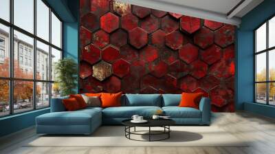 Dark Red Hexagonal Metal Grid Industrial Pattern Textured Graphic Design Backdrop Detail Grunge Wall mural