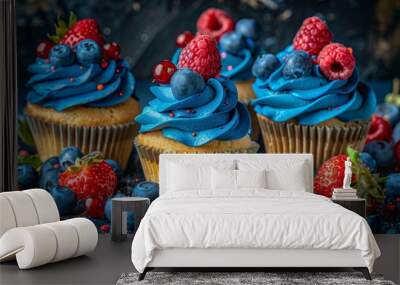 Delicious 4th of july cupcakes and desserts in patriotic red, white, and blue decorations Wall mural