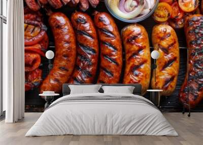 Delicious barbecue dinner with golden grilled sausages on table   realistic food photography Wall mural