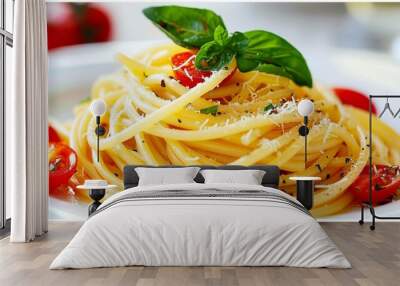 Delicious Italian spaghetti pasta with fresh tomatoes, basil and cheese on white plate, close-up Wall mural