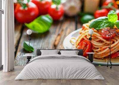 Delicious Italian spaghetti with tomato sauce, fresh basil, and tomatoes on rustic wooden background Wall mural