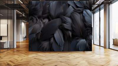 Detailed black feathers texture background  high resolution digital art with large bird feathers Wall mural