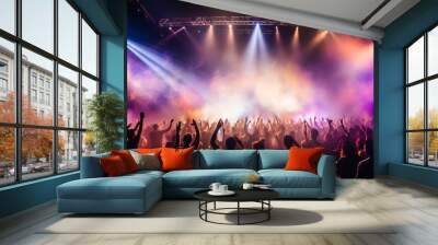 Dynamic and energetic concert stage with vibrant bokeh lights and blurred crowd in the background Wall mural