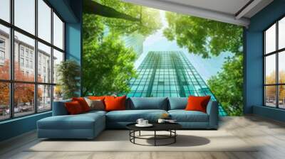 eco friendly glass office building with tree in modern city, promoting sustainability Wall mural