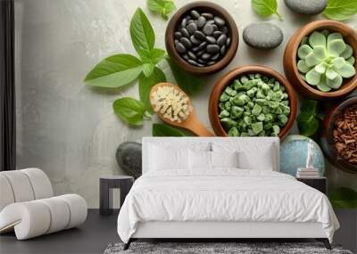 Eco friendly spa accessories still life on white background with ample space for text placement Wall mural