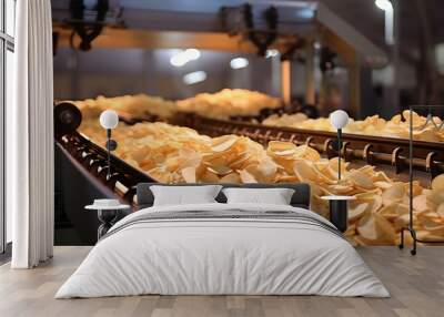 Efficient automated conveyor belt packaging line for crispy snack potato chips production Wall mural