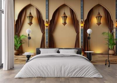 Elegant ramadan kareem  abstract islamic interior with lanterns, arches, doors, and greenery Wall mural