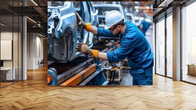 Engineer worker in automotive factory  car manufacturing process, assembly line production Wall mural