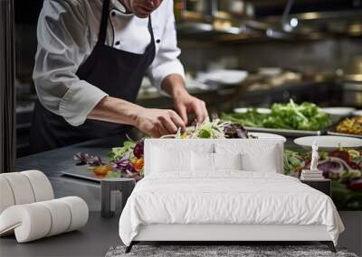 Experienced chef preparing fresh vegetable salad in modern, well lit restaurant kitchen Wall mural