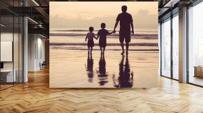 Father And Two Sons Holding Hands Walking On Beach At Sunset, Enjoying Family Vacation Wall mural