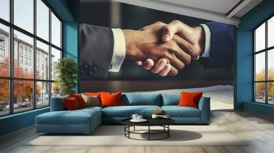 Financial advisor meeting with client in cozy office, bokeh background of financial documents Wall mural