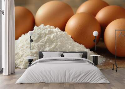 Fresh brown eggs and flour powder on a wooden table, culinary ingredients, concept of baking Wall mural