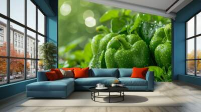 Fresh green bell peppers with water drops on textured backdrop, great for vegetable themed designs. Wall mural