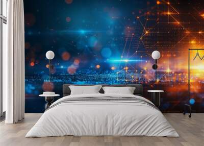 Futuristic abstract molecules and lines pattern on white gray background with copy space Wall mural