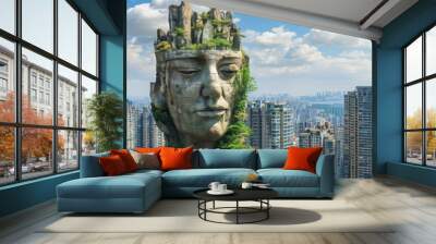 Futuristic eco city  sustainable energy, human head sculpture fusing tech and nature on mountain Wall mural