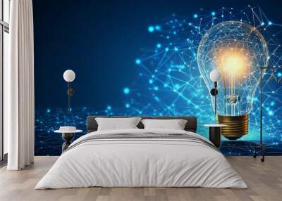 Glowing lightbulb in network with blue background, innovation concept. Abstract 3D illustration Wall mural