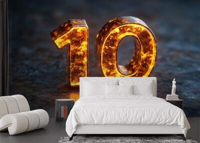 Glowing Metallic Number 10 on a Dark Textured Background, Three-Dimensional Rendering Wall mural