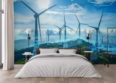 Green energy integration with wind turbines, solar panels, and eco friendly technology Wall mural