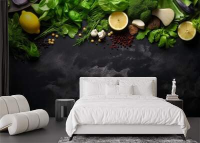 Green salad with leaves, vegetables, seeds, and olive oil on black stone   top view, space for text Wall mural