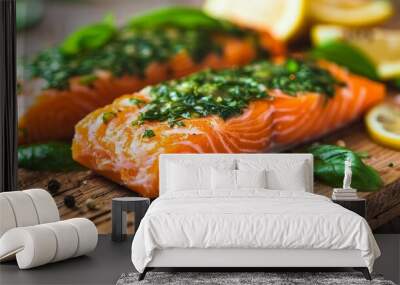 Grilled Salmon Fillets with Herbs and Lemon, a Delicious and Healthy Meal Ready to Enjoy. Wall mural