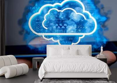 Hand Holding Smartphone with Holographic Cloud Computing Icon Technology and Innovation Concept Wall mural