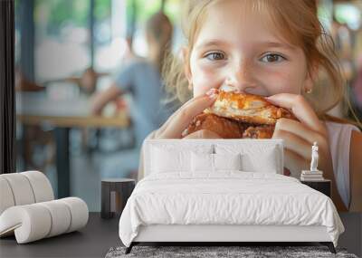 Happy preteen enjoying chicken wings in a restaurant with blurred background and copy space Wall mural