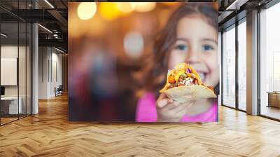 Happy preteen enjoying tacos in restaurant with blurred background and copy space Wall mural