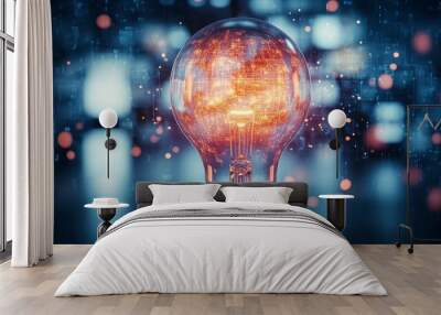 Illuminated Light Bulb With Digital Network Inside On Technology Background, Innovation Concept. Wall mural