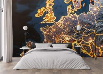 Illuminated Outline of Europe at Night. The Countries glow representing cities infrastructure data Wall mural