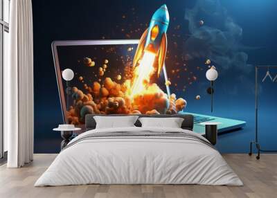 Illustration of a cartoon rocket launching from laptop screen on vibrant blue background Wall mural